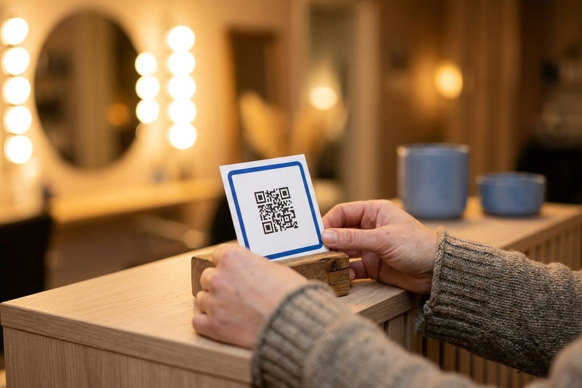 En hand ställer QR-affischen på en salongs disk