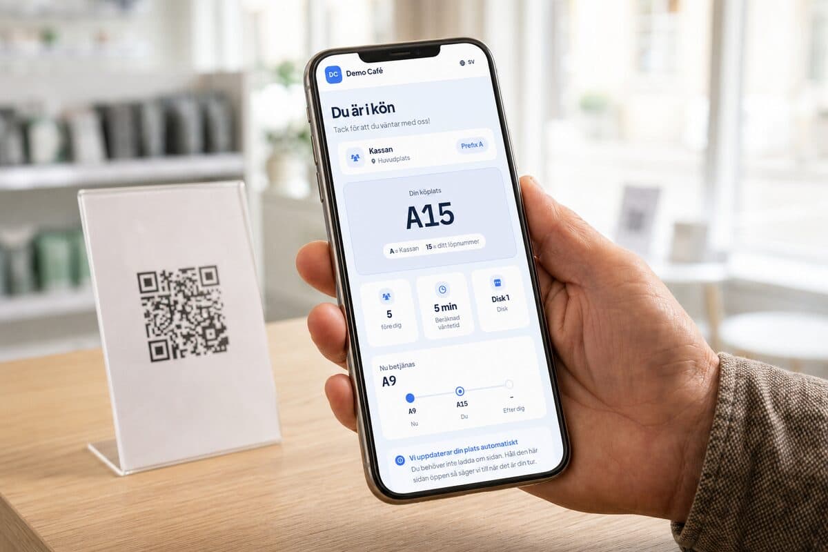 En kunds mobil visar platsen i kön: A15, 5 före, cirka 5 minuter
