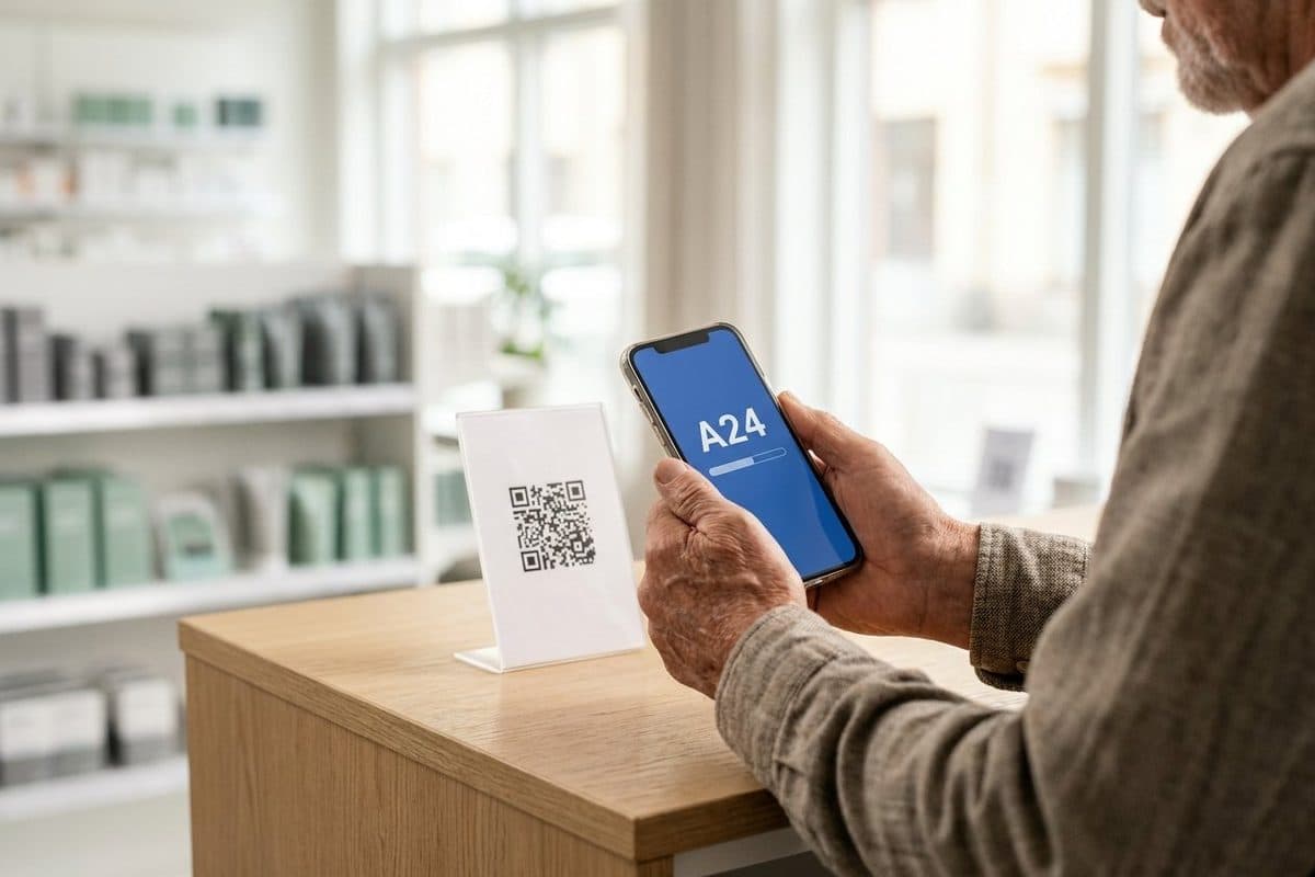 En kund skannar QR-affischen på ett apotek — mobilen visar biljett A24