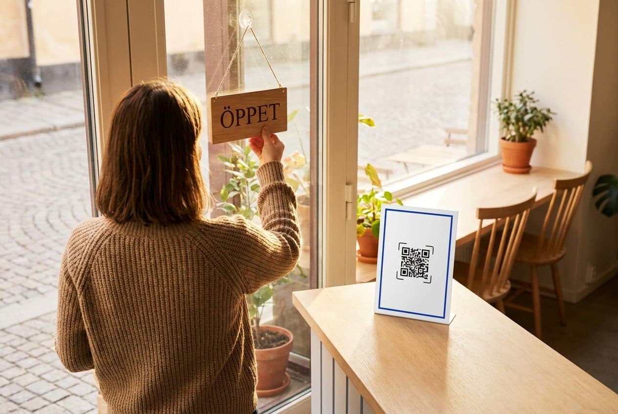 En butiksägare vänder på öppet-skylten i morgonsol, med ett QR-affischställ på disken bredvid sig